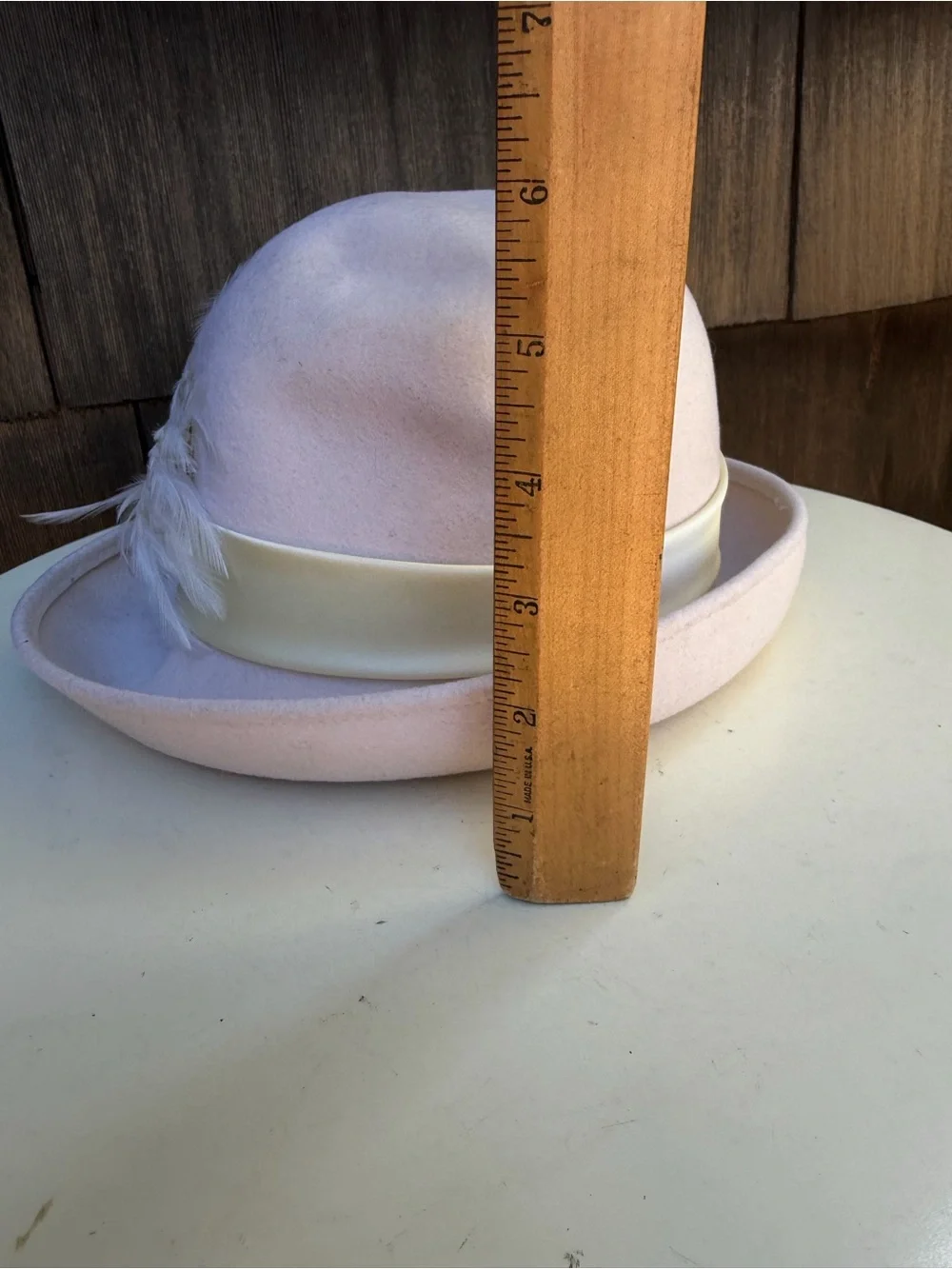 Vintage Mr Charles wool bowler brim hat cream color feathers rhinestones Sz 21”